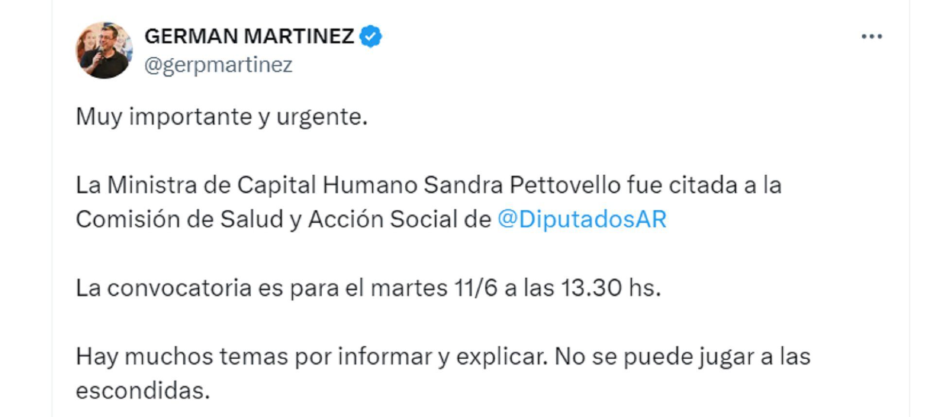 Convocatoria a Sandra Pettovello