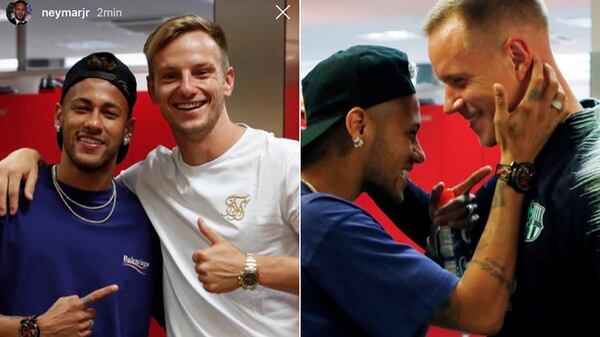 Los saludos de Neymar con Rakitic y Ter Stegen