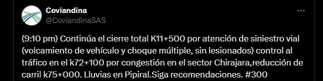 Coviandina confirmó que no hay víctimas fatales - crédito @CoviandinaSAS/X