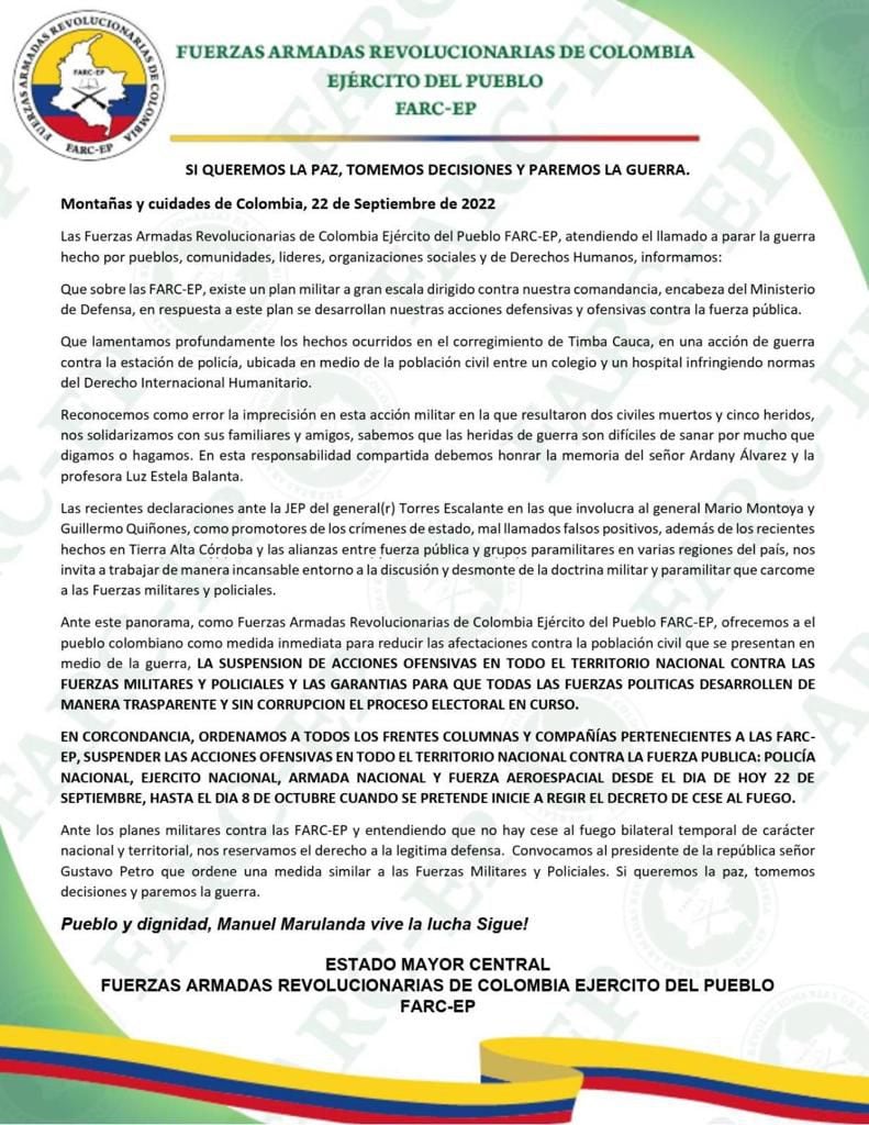 El Estado Mayor Central también reconoció la autoría del atentado en Timba (Cauca) y envió un mensaje a la familia de las víctimas mortales - crédito Estado Mayor Central