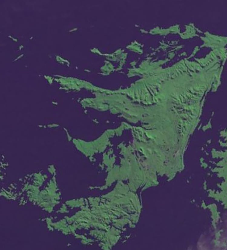 Islas Malvinas, RepÃºblica Argentina. Imagen de LANDSAT, pasada del 23 de abril de 1982 (USGS)