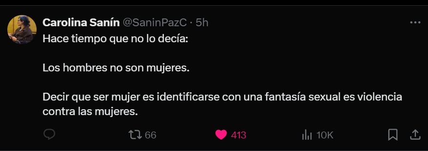 Sanín volvió a referirse a las personas que cambian de género de hombres a mujeres puede ser visto como una "violencia contra la mujeres" - crédito @SanínPazC/X