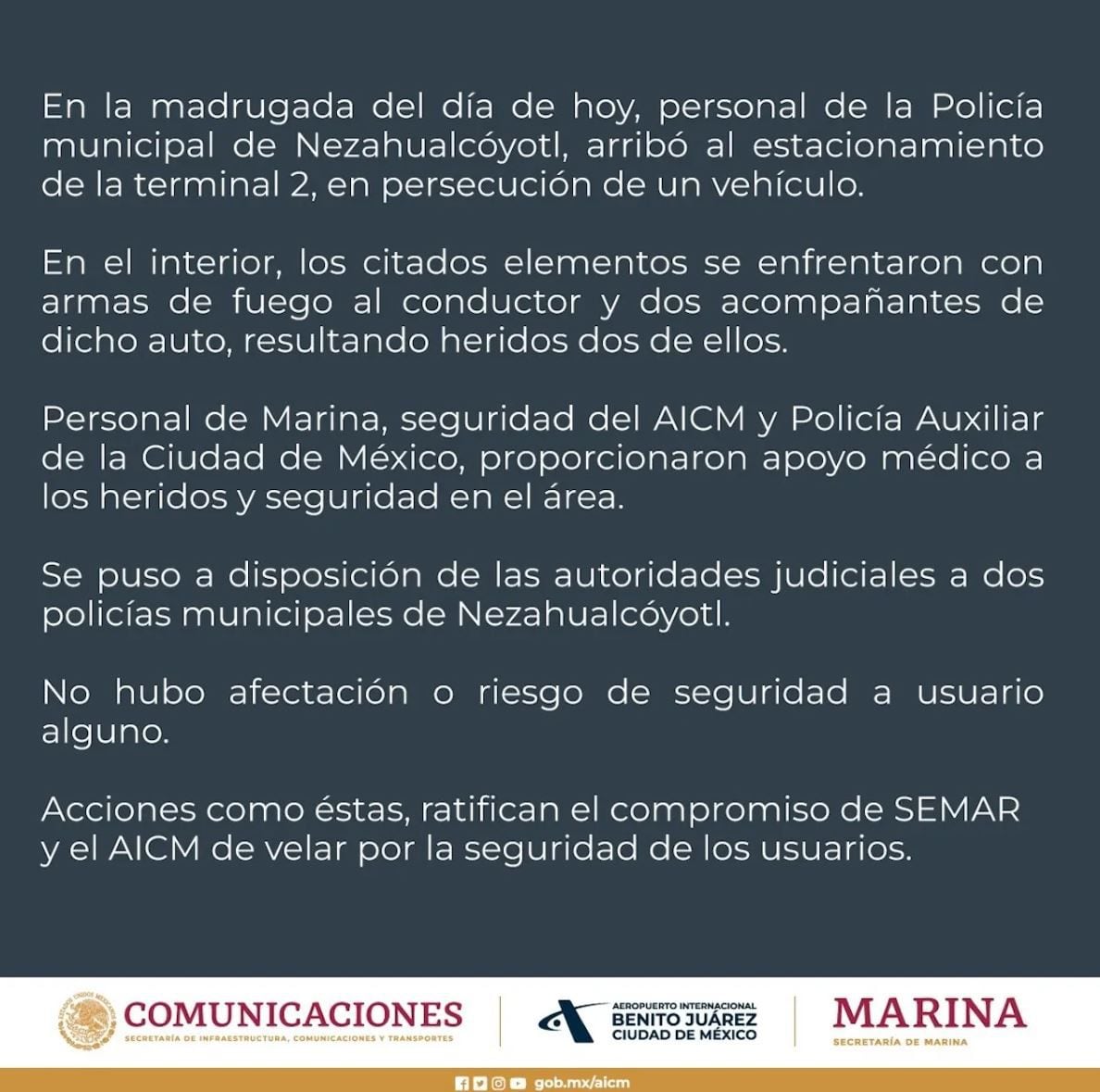 Comunicado oficial de la AICM referente a la balacera en el estacionamiento. (Twitter) 