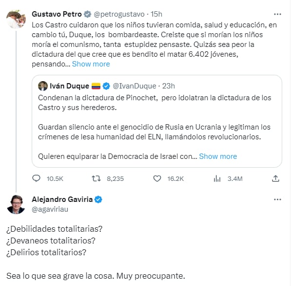 Alejandro Gaviria señaló que las palabras del presidente de la República, Gustavo Petro, son "muy preocupantes- crédito @agaviria/ X