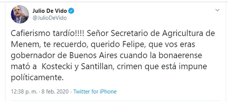 El nuevo tuit de Julio de Vido contra el canciller Felipe Sola.