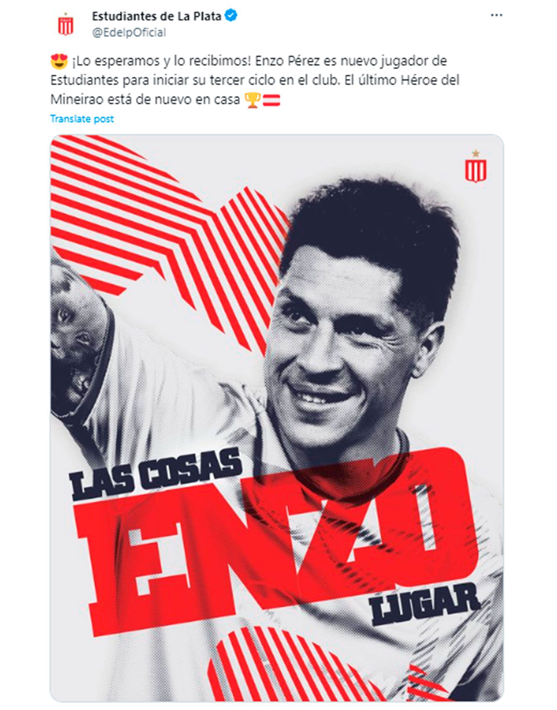 Estudiantes confirmo a Enzo Pérez como nuevo fichaje