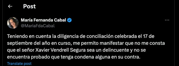 María Fernanda Cabal se retracta en su cuenta de X - crédito @MariaFdaCabal