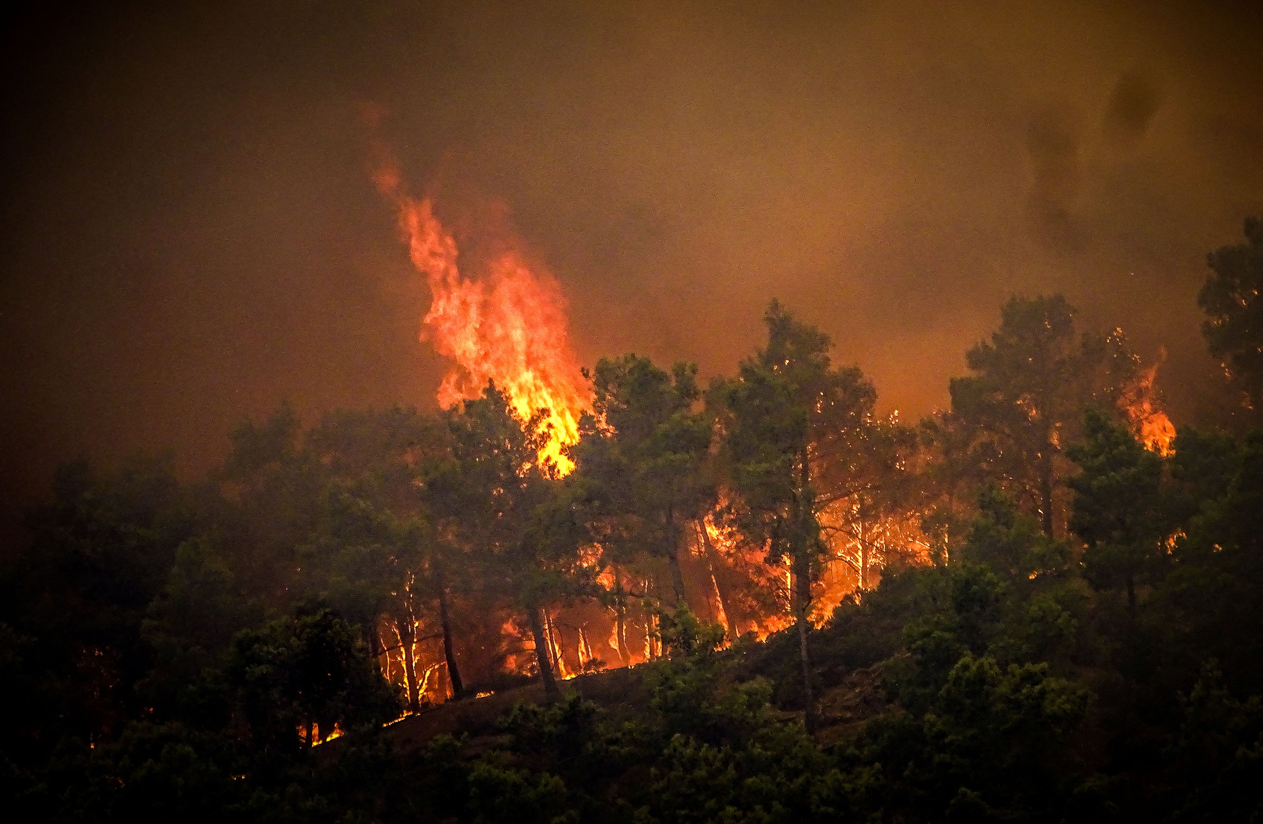 Miles de turistas fueron evacuados este sábado en la isla griega de Rodas debido a un gran incendio forestal fuera de control. (REUTERS)
