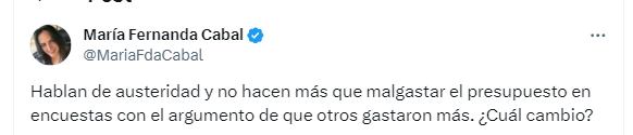 María Fernanda Cabal criticó al Gobierno por recursos destinados a la realización de encuestas y cuestionó el "cambio" propuesto por el presidente Petro - crédito @MariaFdaCabal/X