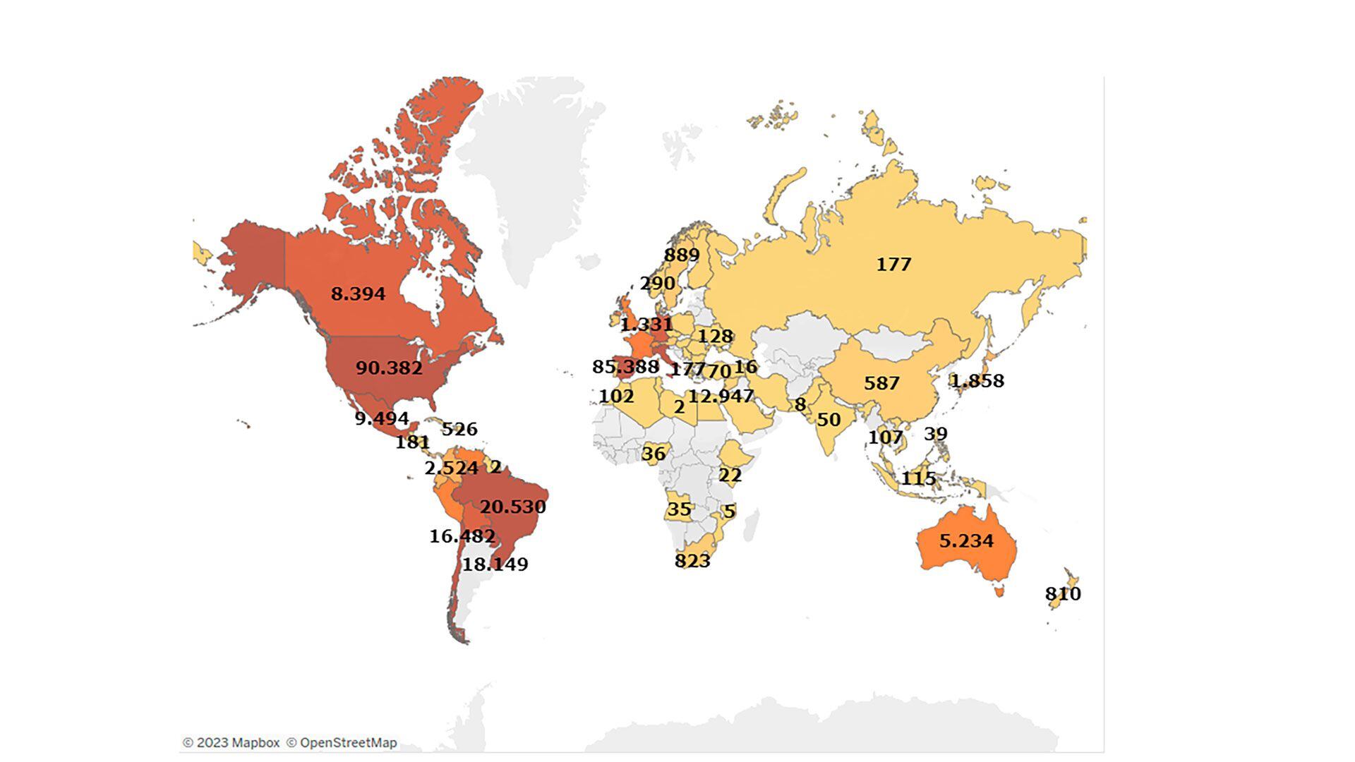 Mapa de votantes argentinos en el exterior