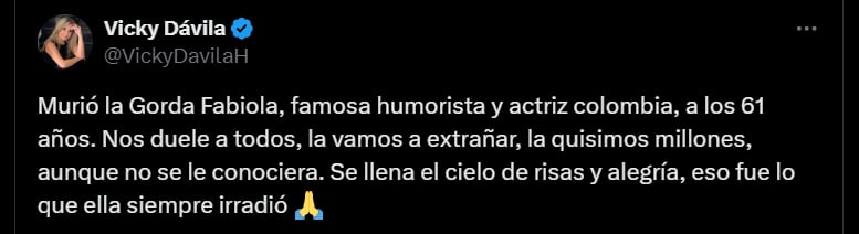 Reacción de Vicky Dávila por la muerte de la 'Gorda Fabiola' - crédito @VickyDavilaH/X