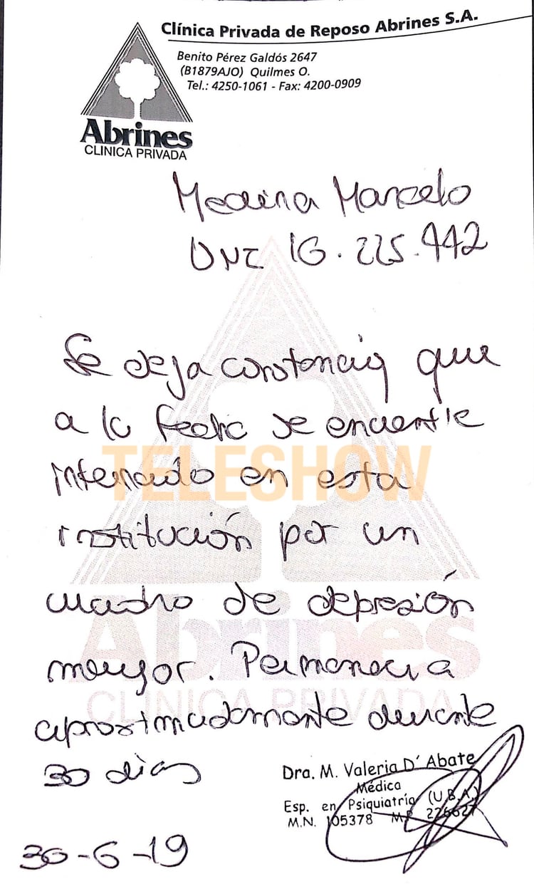 La orden médica indica que el Teto Medina sufre “un cuadro de depresión mayor”