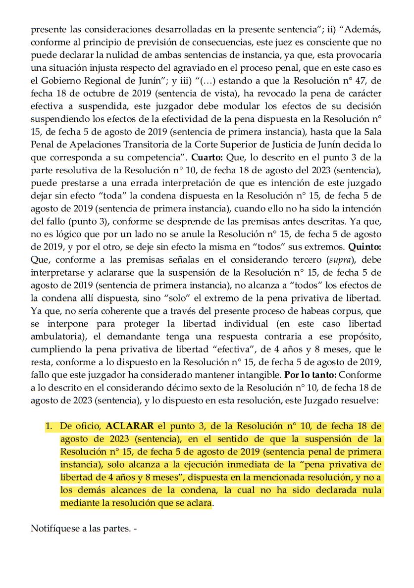 Aclaran sentencia de habeas corpus a favor de Vladimir Cerrón