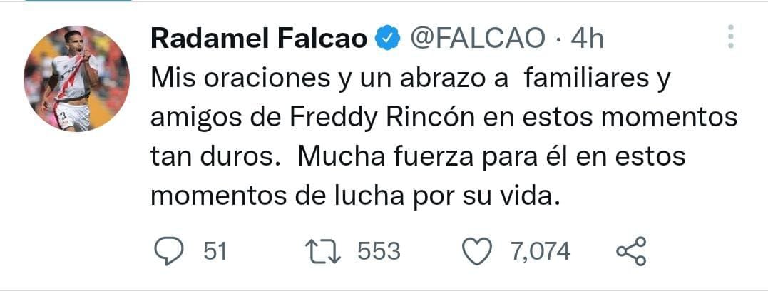 El Tigre se pronunció sobre el estado de salud del 'Coloso de Buenaventura'. Tomado de @FALCAO