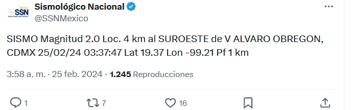 SISMO Magnitud 2.0 Loc. 4 km al SUROESTE de V ALVARO OBREGON, CDMX 25/02/24 03:37:47