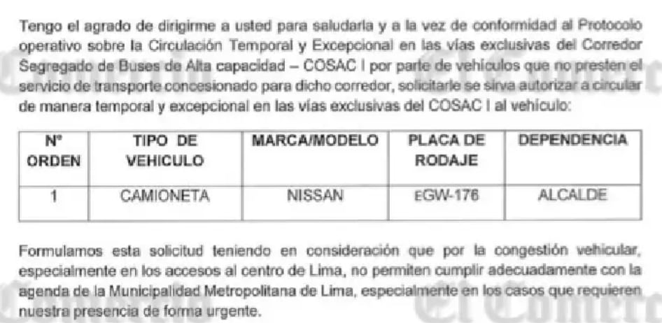 Pedido cursado por Rafael López Aliaga a la ATU. El Comercio.