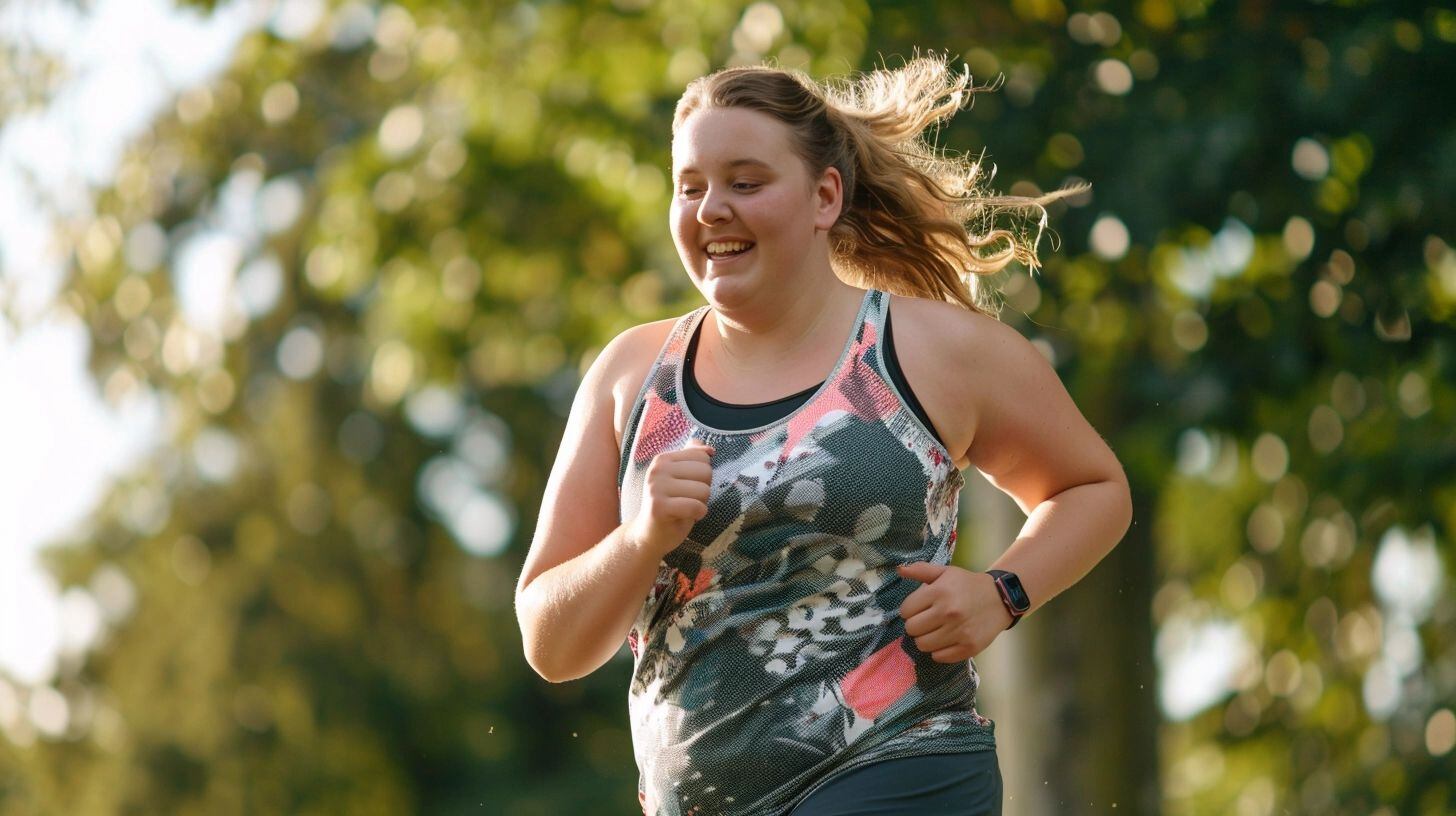 Una mujer con sobrepeso disfruta de una sesión de ejercicio al aire libre, corriendo felizmente en un parque. La imagen muestra a una mujer corriendo con una sonrisa en su rostro, demostrando que el ejercicio puede ser una parte agradable y saludable de la vida, incluso para aquellos que luchan con el sobrepeso. La obesidad es un problema de salud que puede ser abordado con cambios en la dieta y el ejercicio regular. (Imagen ilustrativa Infobae)