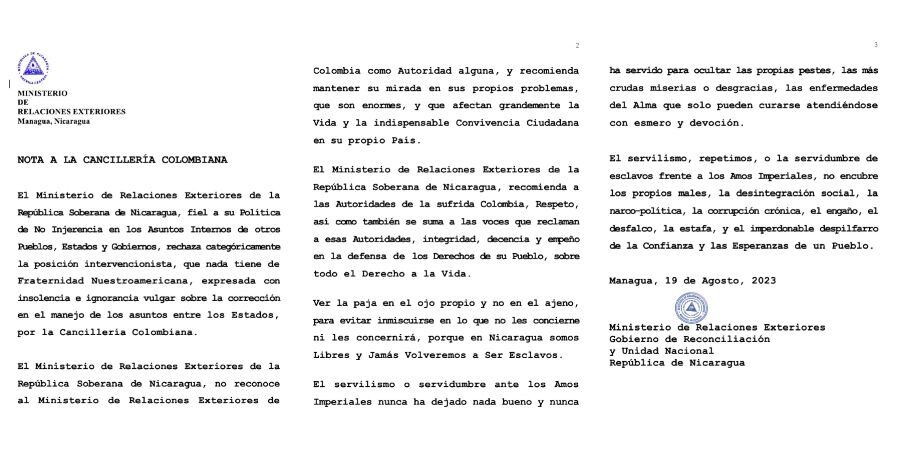 Nota de la Cancillería de Nicaragua contra Colombia