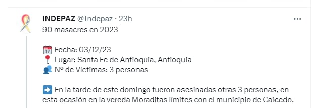 La masacre 90 se registró en Santa Fe de Antioquia y dejó tres personas muertas - crédito @Indepaz / X 