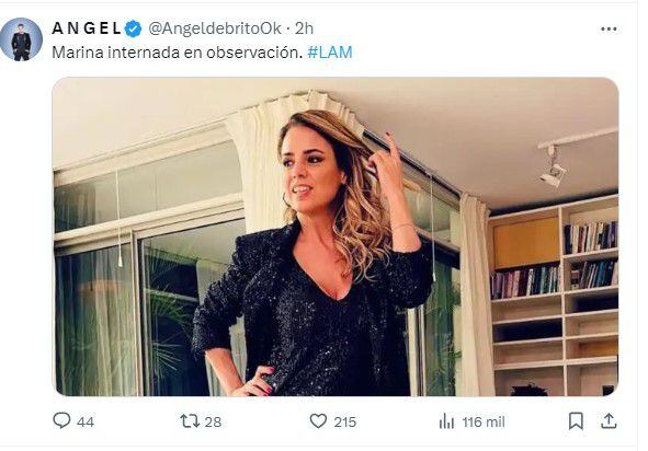 Ángel de Brito tuiteó que Marina Calabró estuvo internada unas horas (Twitter)