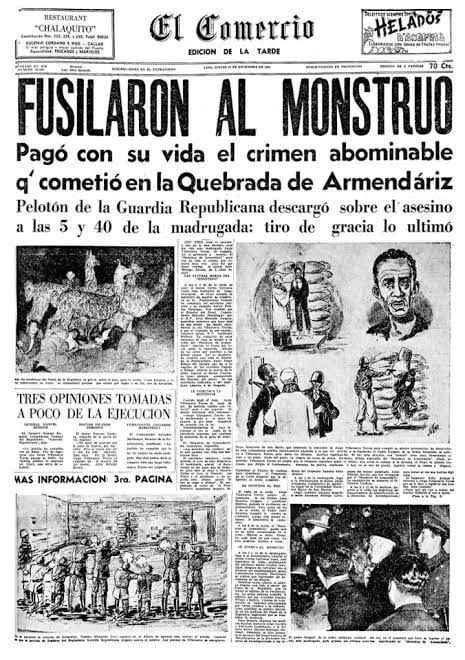 Portada del diario El Comercio después del fusilamiento del 'monstruo de Armendáriz. Foto: El Comercio