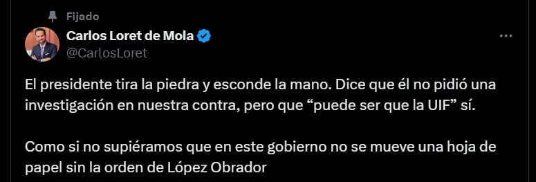 Carlos Loret de Mola responde al presidente Andrés Manuel López Obrador tras negar investigación contra los periodistas y sus familiares (@CarlosLoret)