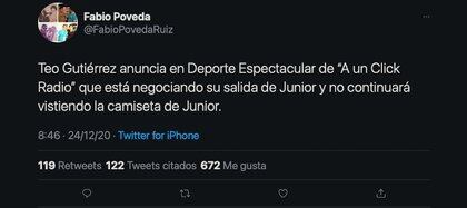 Periodista Fabio Poveda anunció la posible salida de Teófilo Gutiérrez de Junior de Barranquilla / (Twitter: @FabioPovedaRuiz).