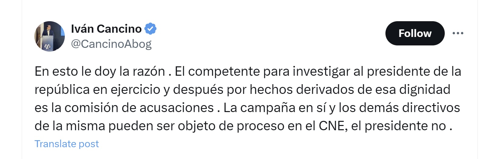 El abogado Iván Cancino respaldó postura de Gustavo Petro con respecto al CNE - crédito @CancinoAbog/X