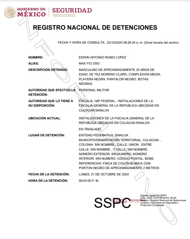 Registro Nacional de Detenciones confirma la detención de Edwin Antonio Rubio López, 