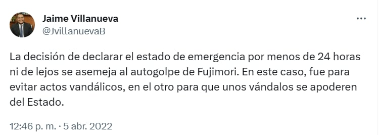 Jaime Villanueva respaldó toque de queda de Castillo.