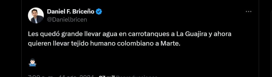 Daniel Briceño critica intervención de Gustavo Petro en Manizales - crédito X