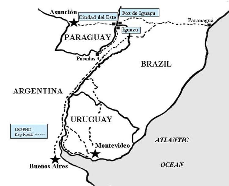La Triple Frontera y las principales rutas de la droga hacia Brasil, Uruguay y Argentina.