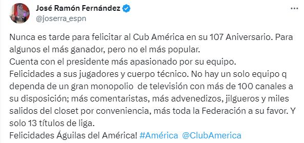 El conocido periodista mexicano no falló con su mensaje de felicitación con polémica incluida hacia el América.

Foto: Captura de pantalla, Twitter/José Ramón Fernández