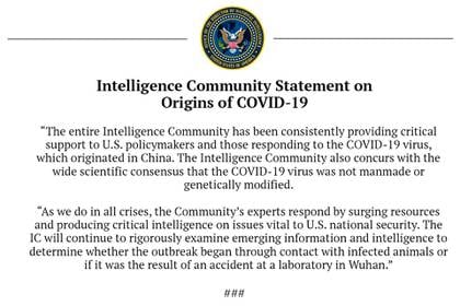 El comunicado de la Dirección Nacional de Inteligencia de Estados Unidos con respecto al origen del coronavirus