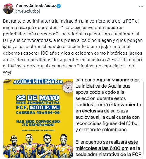 Carlos Antonio Vélez apuntó contra la Federación Colombiana de Fútbol por crear un evento solo para "periodistas cercanos" - crédito Carlos Antonio Vélez / X