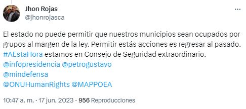 Jhon Rojas, el gobernador de Nariño, expresó su angustia y preocupación ante los patrullajes de disidencias de las Farc-EP en un municipio del departamento. Twitter/@jhonrojasca.