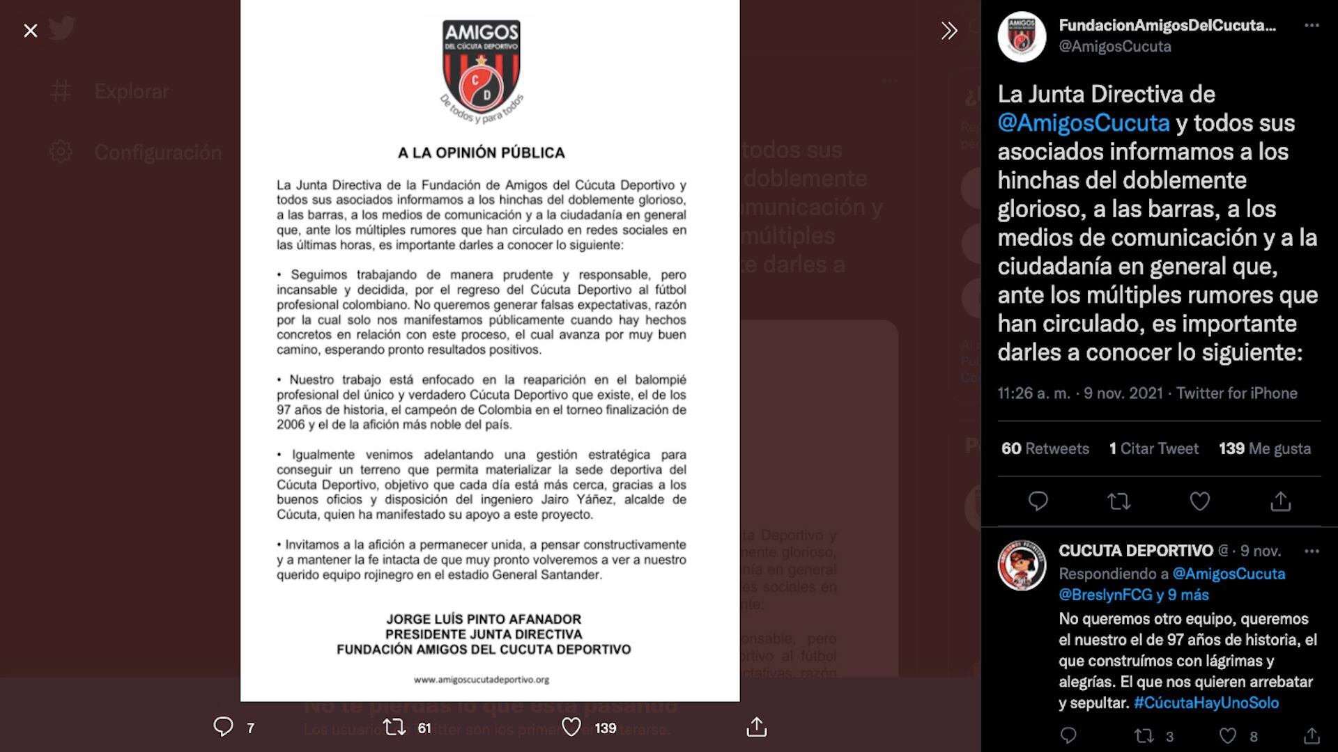 Comunicado de la Fundación Amigos del Cúcuta Deportivo sobre la actualidad del club motilón en su proceso de reintegro al fútbol profesional colombiano / (Twitter: @AmigosCucuta)