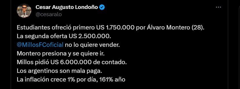 Millonarios no quiere que Álvaro Montero se vaya del equipo por un precio bajo al fútbol internacional - crédito @cesaralo/X