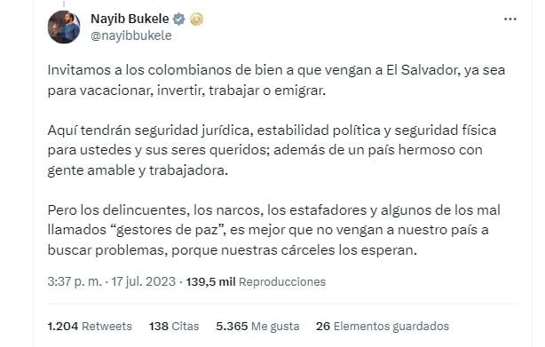 En otro trino, el presidente de El Salvador, Nayib Bukele, se pronunció sobre la presencia de ciudadanos colombianos en su país.