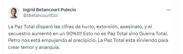 Ingrid Betancourt se refirió al aumento de casos de secuestro en Colombia. Captura de pantalla @IBetancourtCol/Twitter