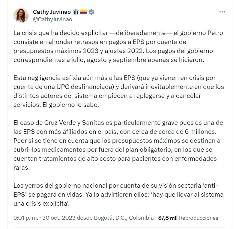 Catherine Juvinao opina de la situación de la EPS Cruz Verde - crédito @CathyJuvinao/ cuenta X