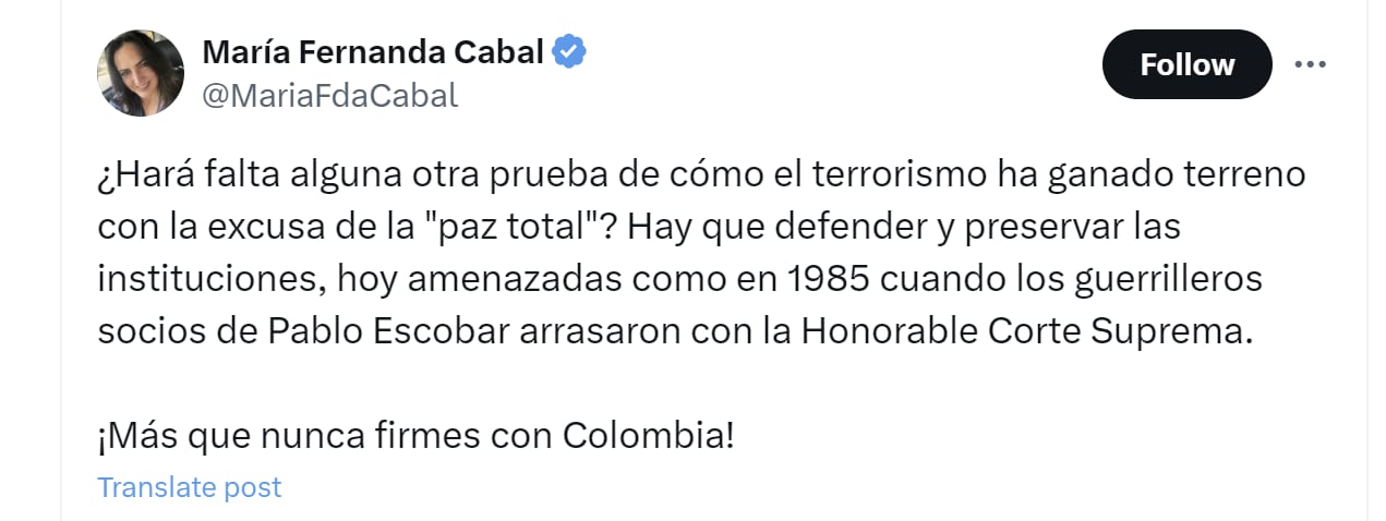 María Fernanda Cabal cuestionó la Paz Total de Petro por presunto plan de atentar contra el Palacio de Justicia - crédito @MariaFdaCabal/X