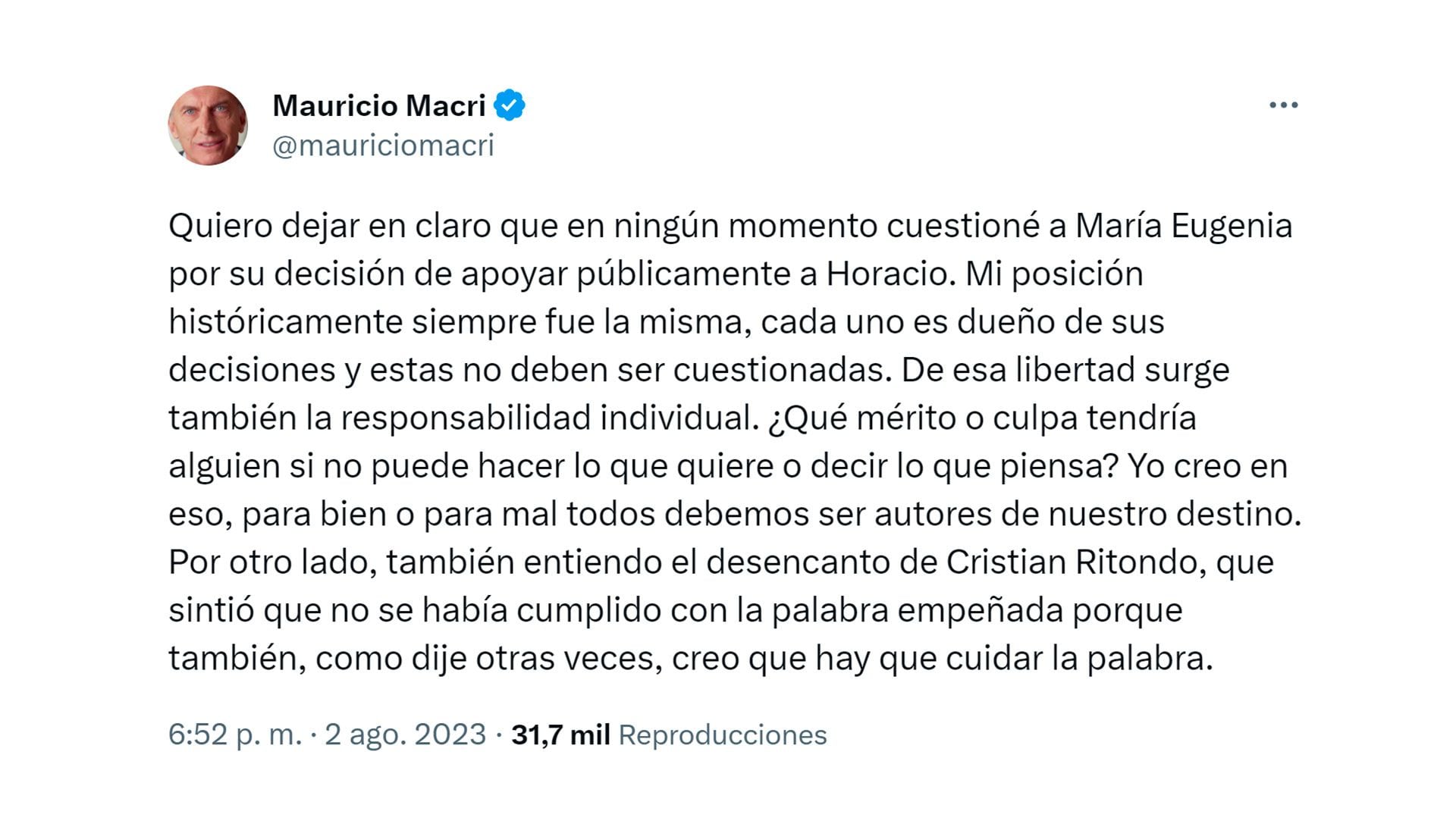 Tuit Mauricio Macri sobre el apoyo de Vidal a Larreta