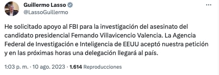 El presidente Guillermo Lasso anunció que una delegación del FBI llegará al país para investigar el crimen en contra del candidato.