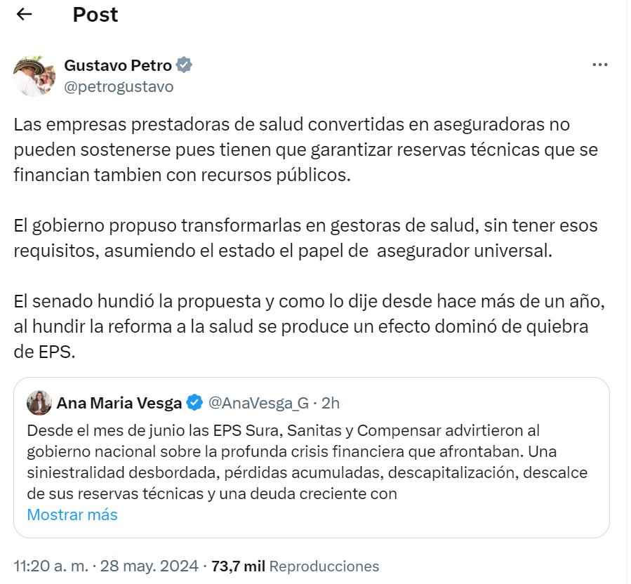 El presidente culpó al Senado de la República por la decisión de Sura EPS - crédito red social X