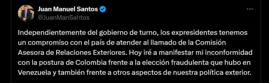 Juan Manuel Santos hablará de situación en Venezuela en Comisión Asesora de Relaciones Exteriores - crédito @JuanManSantos