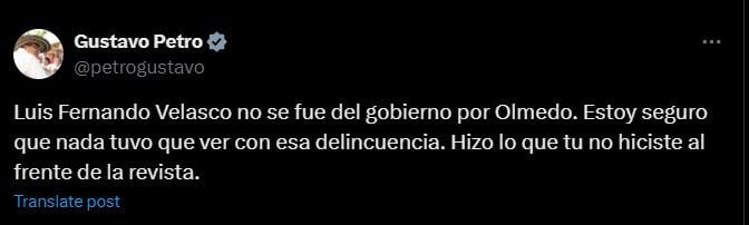 El presidente Petro defendió a Velasco y criticó a Vicky Dávila por su acusación en redes - crédito @petrogustavo/X