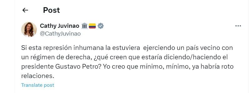 Cathy Juvinao habló de represión en manifestaciones en Venezuela - crédito @CathyJuvinao