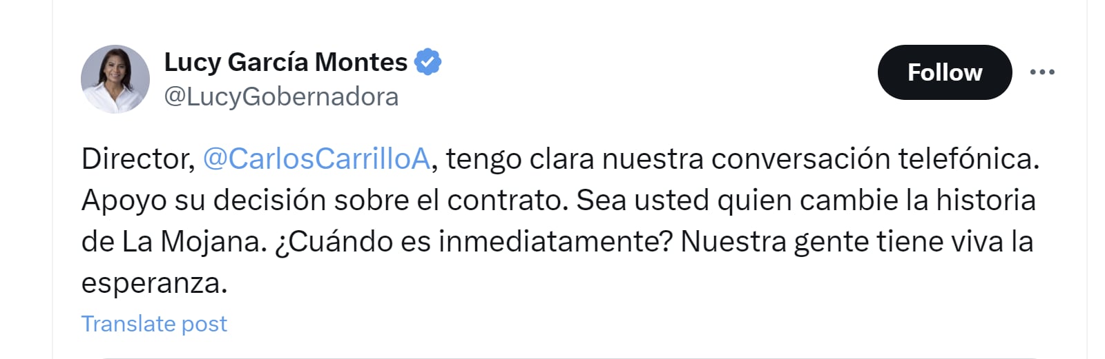 La gobernadora Lucy García pidió a Carlos Carrillo cambiar la historia de La Mojana - crédito @LucyGobernadora/X