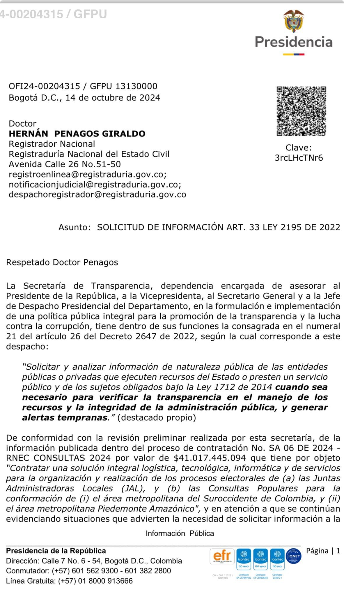 Secretaría de Transparencia pidió a la Registraduría Nacional que aclare procesos de contratación para elecciones 2026 - crédito Secretaría de Transparencia